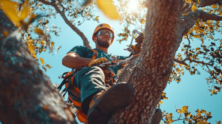 Arborist working high in a tree with safety equipment